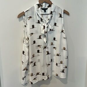 Banana Republic Bird Print Neck Tie Blouse Size Large Petite